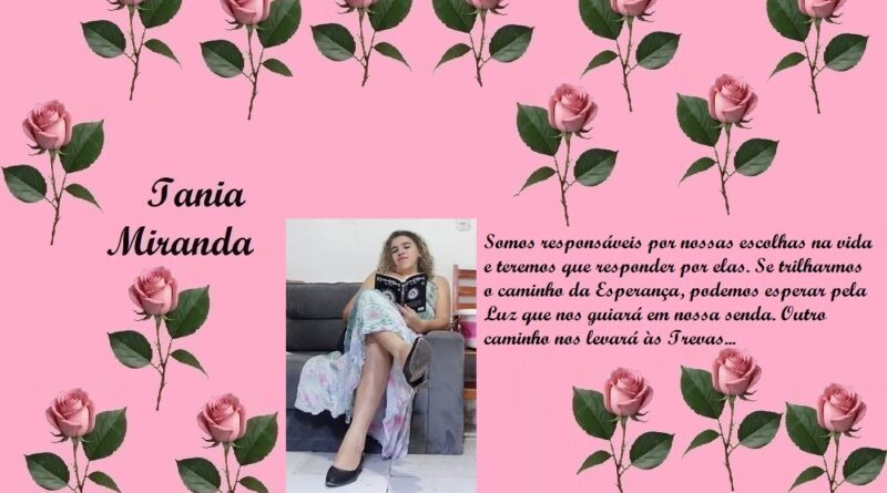 Pink rose-pattern page introducing 'Tania Miranda' with a photo of a girl reading and a hopeful Portuguese quote.