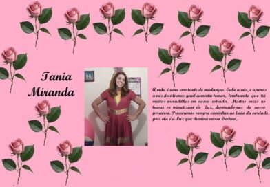 Decorative pink banner with rose borders, the name 'Tania Miranda', a centered photo of a smiling girl in a red dress, and a Portuguese quote on the right.