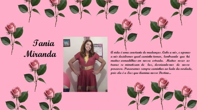 Decorative pink banner with rose borders, the name 'Tania Miranda', a centered photo of a smiling girl in a red dress, and a Portuguese quote on the right.