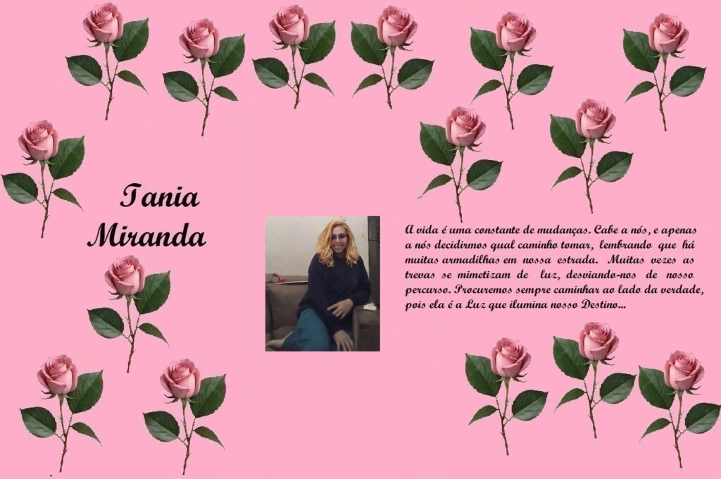 Tribute page for Iania Miranda with pink rose border, a central photo, and a heartfelt Portuguese dedication.
