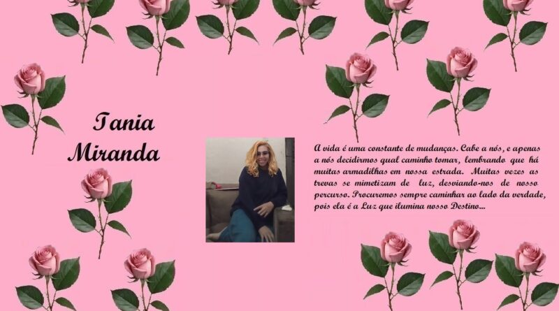 Tribute page for Iania Miranda with pink rose border, a central photo, and a heartfelt Portuguese dedication.