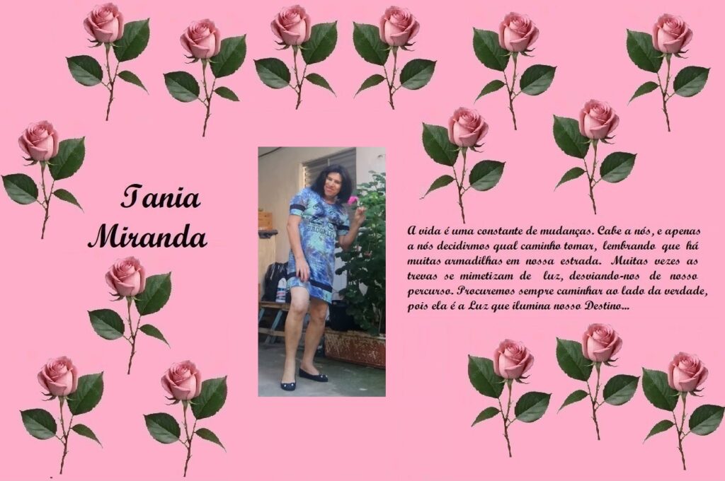 Tribute page on a pink background with rose borders; left shows 'Iania Miranda' in script, center features a woman’s photo in a blue dress, right contains a Portuguese dedication text.