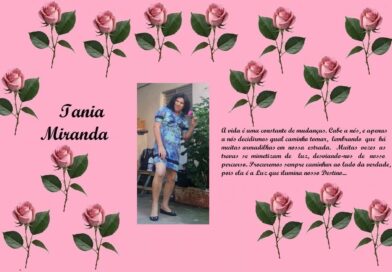 Tribute page on a pink background with rose borders; left shows 'Iania Miranda' in script, center features a woman’s photo in a blue dress, right contains a Portuguese dedication text.