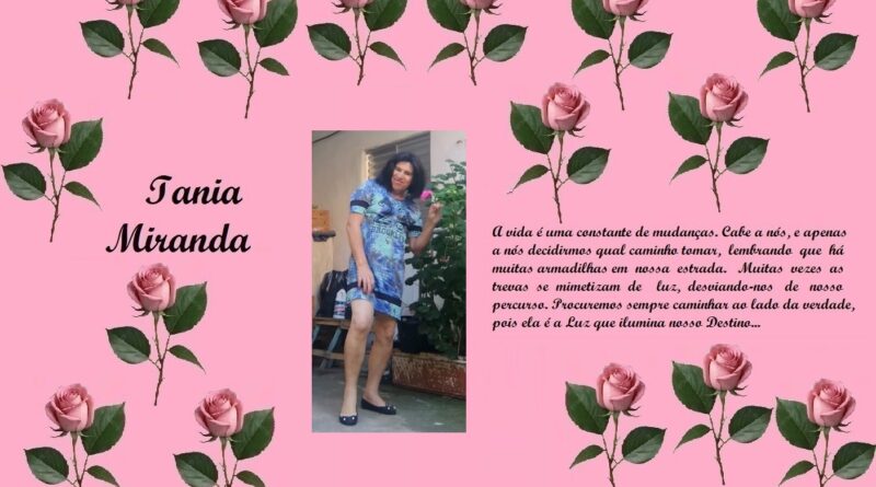 Tribute page on a pink background with rose borders; left shows 'Iania Miranda' in script, center features a woman’s photo in a blue dress, right contains a Portuguese dedication text.