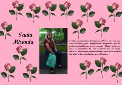 Pink floral collage with repeated rose motifs; left shows 'Tania Miranda' in script, center a photo of a woman with a green bag, right a Portuguese verse.