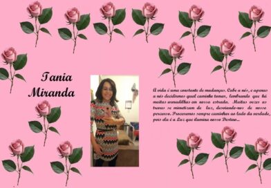 Decorative pink collage with rose borders. Left side reads 'Iania Miranda', center shows a smiling woman in a patterned dress taking a photo in a mirror, right side features a Portuguese quote about life and change.