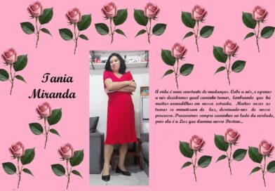 Tribute collage on pink with rose border; left reads 'Tania Miranda', center photo of a woman in a red dress, right a Portuguese quote about life's changes.