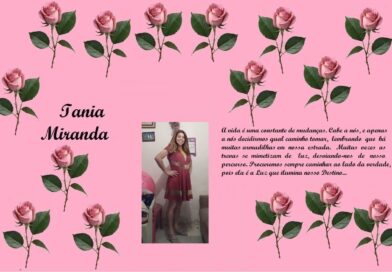 Pink collage with repeating rose illustrations, the name Iania Miranda on the left, a photo of a woman in a red dress in the center, and a lengthy Portuguese message on the right.