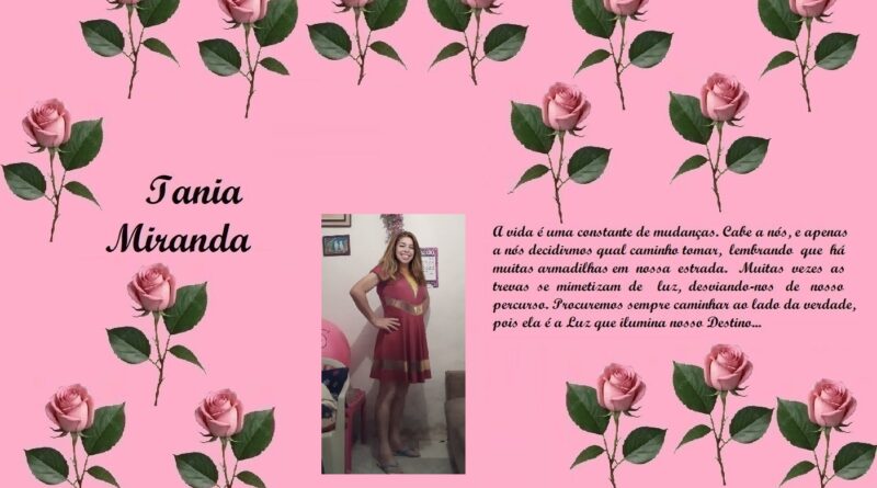 Pink collage with repeating rose illustrations, the name Iania Miranda on the left, a photo of a woman in a red dress in the center, and a lengthy Portuguese message on the right.