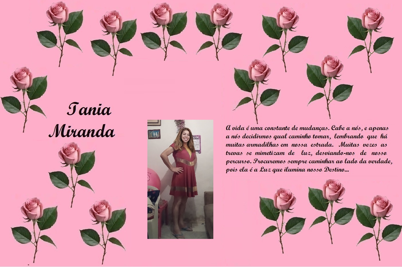 Pink collage with repeating rose illustrations, the name Iania Miranda on the left, a photo of a woman in a red dress in the center, and a lengthy Portuguese message on the right.