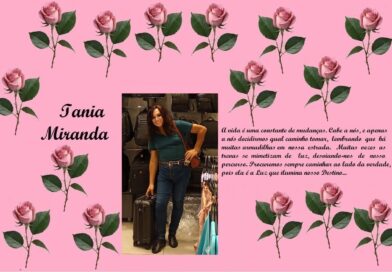 Pink poster with rose border; left: 'Tania Miranda' in script, center: photo of a woman with luggage in a store, right: long Portuguese text about life changes.