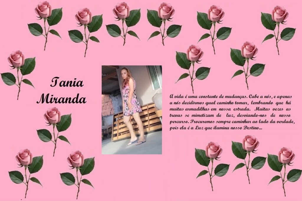 Pink rose-pattern banner with the name 'Iania Miranda' on the left, a photo of a woman in a floral dress center, and a Portuguese quote on the right.