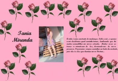 Pink rose-pattern banner with the name 'Iania Miranda' on the left, a photo of a woman in a floral dress center, and a Portuguese quote on the right.