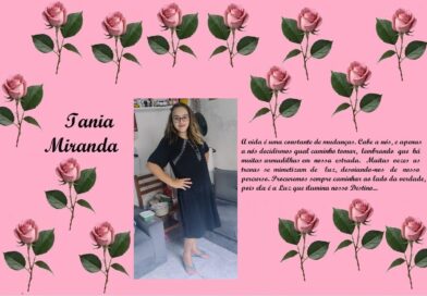 Decorative pink collage with rose motifs, the name Iania Miranda, a photo of a girl in a black dress, and a Portuguese quote about life.