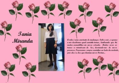 Decorative pink collage with repeated rose illustrations, showing the text 'Tania Miranda' on the left, a photo of a woman in a white blouse and dark skirt in the center, and a Portuguese poem on the right.