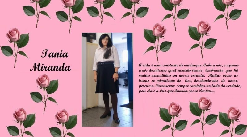 Decorative pink collage with repeated rose illustrations, showing the text 'Tania Miranda' on the left, a photo of a woman in a white blouse and dark skirt in the center, and a Portuguese poem on the right.
