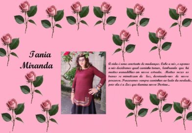 Tribute collage on pink background with roses; left shows 'Tania Miranda', center a photo of a woman in maroon top, right a Portuguese dedication text.