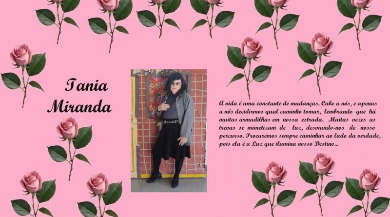 Pink background with rose borders framing a tribute: left text 'Iania Miranda', center photo of a woman in a gray cardigan and black skirt, right Portuguese text about life's changes.
