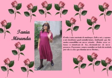 Pink collage with rose border; left side shows a cursive name, center photo of a woman in a magenta dress waving, right side a Portuguese quote about life and destiny.