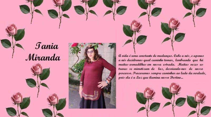 Tribute collage on pink background with roses; left shows 'Tania Miranda', center a photo of a woman in maroon top, right a Portuguese dedication text.