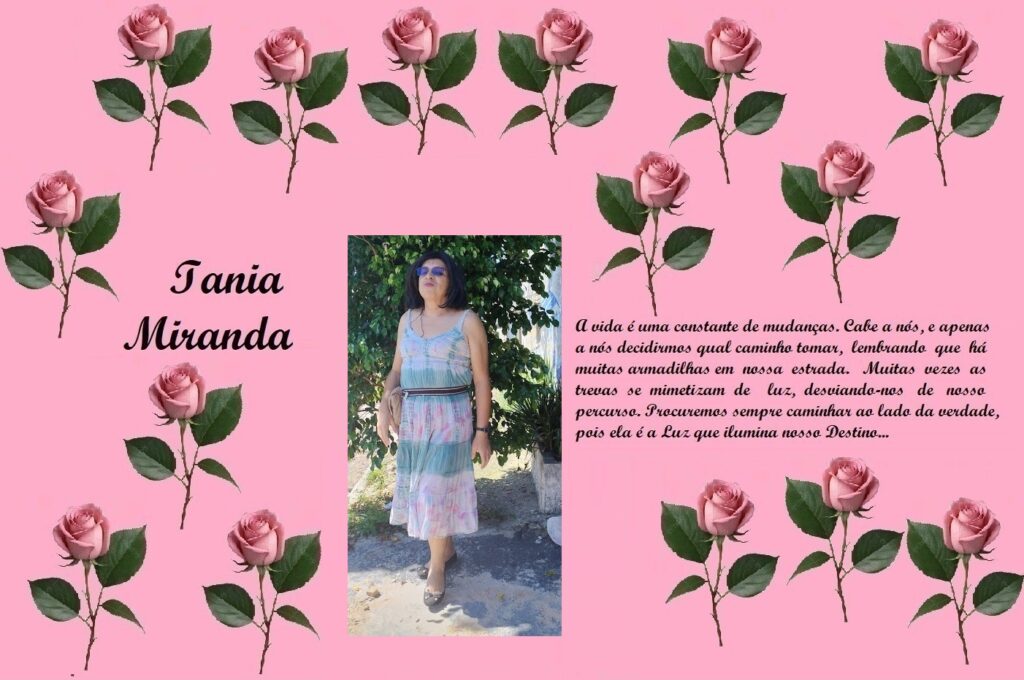 Pink scrapbook-style banner with rose borders, showing the name Iania Miranda on the left, a central photo of a woman in a pastel dress, and a cursive Portuguese quote on the right.