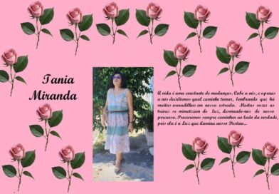 Pink scrapbook-style banner with rose borders, showing the name Iania Miranda on the left, a central photo of a woman in a pastel dress, and a cursive Portuguese quote on the right.