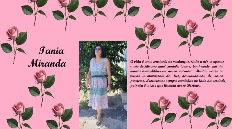 Pink scrapbook-style banner with rose borders, showing the name Iania Miranda on the left, a central photo of a woman in a pastel dress, and a cursive Portuguese quote on the right.