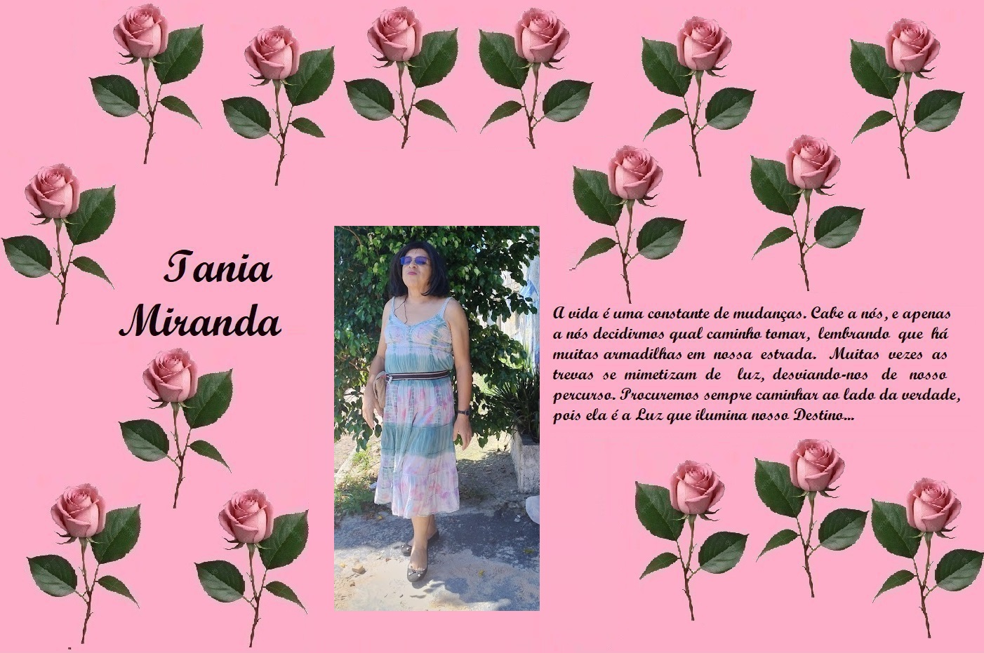 Pink scrapbook-style banner with rose borders, showing the name Iania Miranda on the left, a central photo of a woman in a pastel dress, and a cursive Portuguese quote on the right.