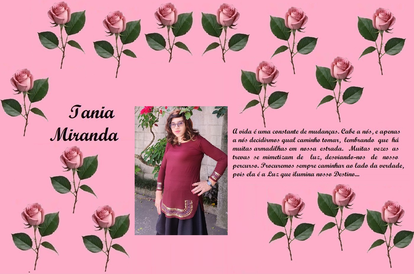 Tribute collage on pink background with roses; left shows 'Tania Miranda', center a photo of a woman in maroon top, right a Portuguese dedication text.