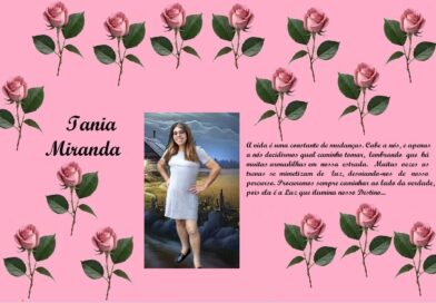 Tribute poster on pink background with rose borders; left displays the name Iania Miranda, center features a photo of a smiling woman in a light gray dress, and right side contains a Portuguese inspirational quote about life and destiny.