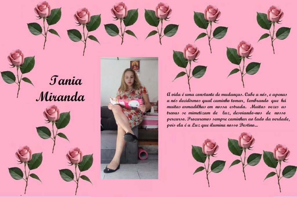 Decorative pink collage with roses, the name Tania Miranda, and a girl reading on a couch amid Portuguese text.