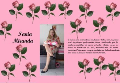 Decorative pink collage with roses, the name Tania Miranda, and a girl reading on a couch amid Portuguese text.