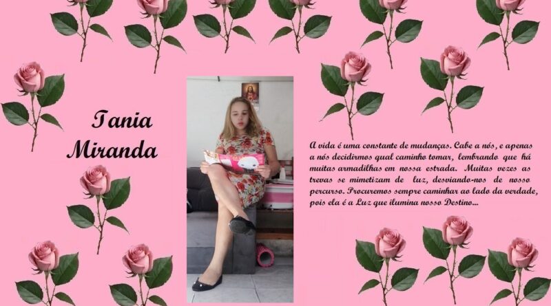 Decorative pink collage with roses, the name Tania Miranda, and a girl reading on a couch amid Portuguese text.