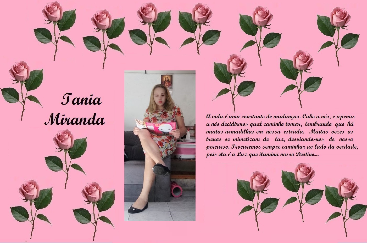Decorative pink collage with roses, the name Tania Miranda, and a girl reading on a couch amid Portuguese text.
