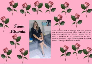 Tribute collage on pink background with rose borders, featuring the name Iania Miranda, a photo of a woman, and a Portuguese quote about life’s changes.