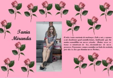 Tribute poster for Iania Miranda with a pink rose-bordered background, featuring a photo of a girl and a cursive Portuguese dedication.