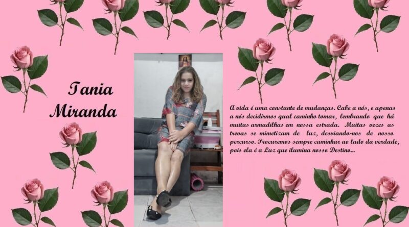 Tribute poster for Iania Miranda with a pink rose-bordered background, featuring a photo of a girl and a cursive Portuguese dedication.
