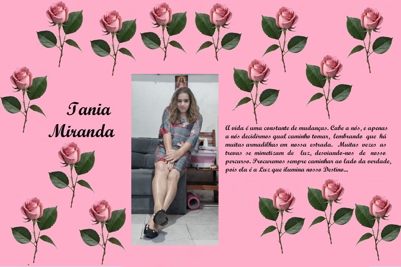 Tribute poster for Iania Miranda with a pink rose-bordered background, featuring a photo of a girl and a cursive Portuguese dedication.