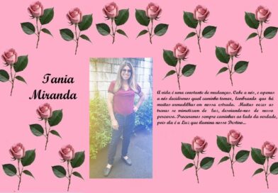 Pink rose-pattern collage with the name 'Iania Miranda' on the left, a photo of a smiling woman in the center, and a Portuguese inspirational quote on the right.