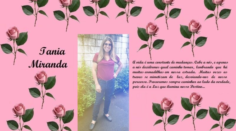 Pink rose-pattern collage with the name 'Iania Miranda' on the left, a photo of a smiling woman in the center, and a Portuguese inspirational quote on the right.