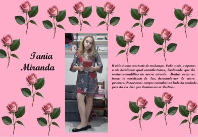 Collage poster with pink background, pink roses, and the name 'Iania Miranda' beside a photo of a young girl in a floral dress, plus a Portuguese quote on the right.