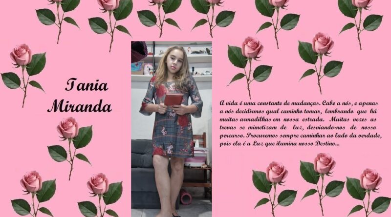 Collage poster with pink background, pink roses, and the name 'Iania Miranda' beside a photo of a young girl in a floral dress, plus a Portuguese quote on the right.