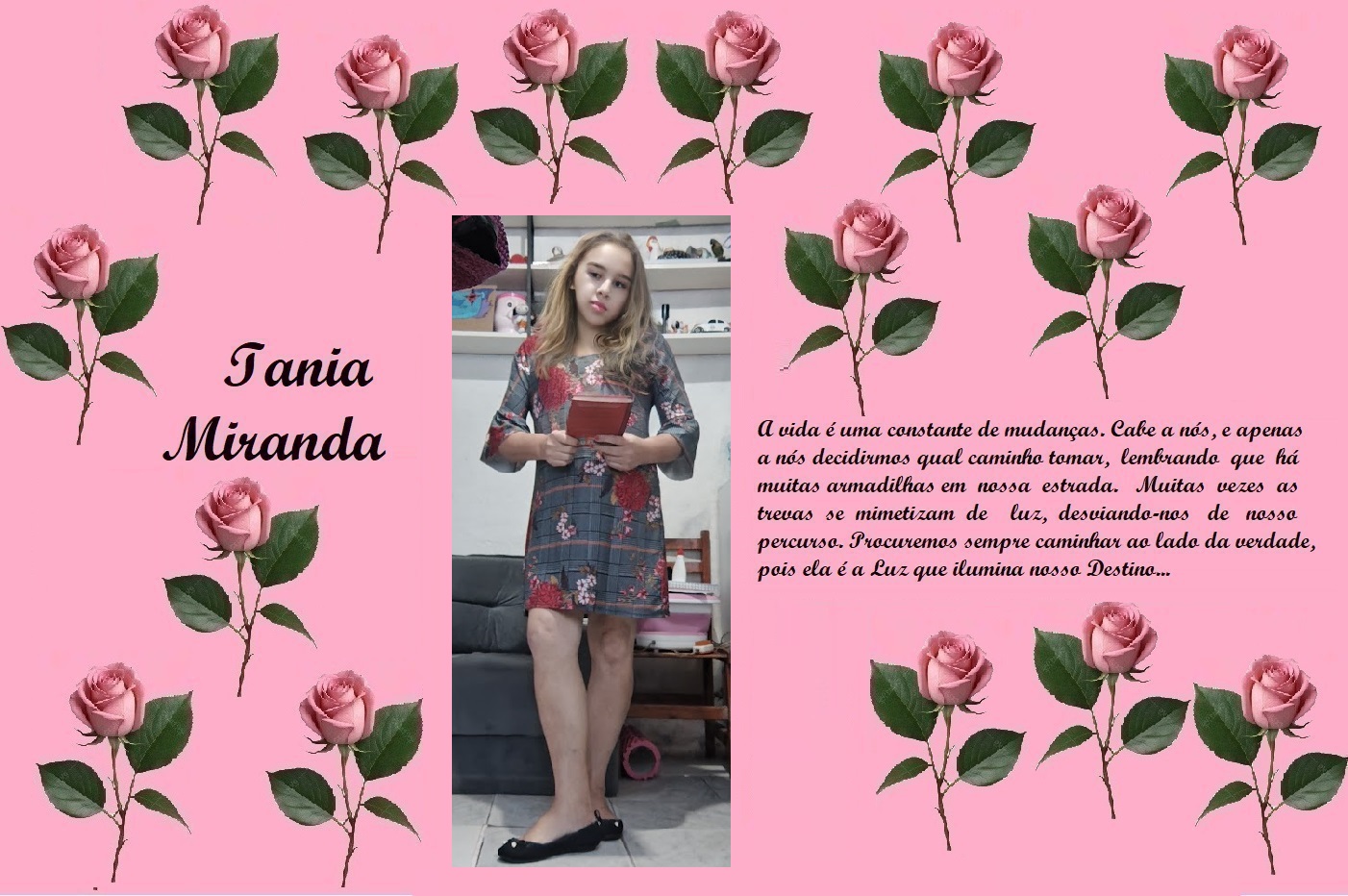 Collage poster with pink background, pink roses, and the name 'Iania Miranda' beside a photo of a young girl in a floral dress, plus a Portuguese quote on the right.
