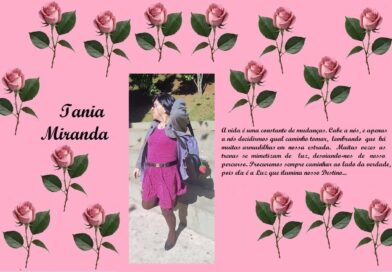 Pink rose-bordered collage with a central photo of a woman in a magenta dress; left text reads "Iania Miranda" and right contains a Portuguese paragraph about life.