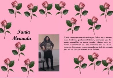 Pink rose-pattern background featuring the name 'Iania Miranda' on the left, a photo of a girl in a checkered sweater in the center, and a Portuguese quote about life's changes on the right.