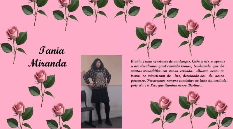 Pink rose-pattern background featuring the name 'Iania Miranda' on the left, a photo of a girl in a checkered sweater in the center, and a Portuguese quote about life's changes on the right.