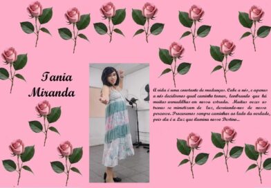Pink rose-bordered banner with the name 'Tania Miranda' in cursive on the left, a photo of a woman in a pastel tiered dress in the center, and a Portuguese paragraph on the right.