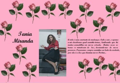 Pink rose-bordered tribute page for Tania Miranda; central photo of a woman in red top and black skirt, with Portuguese text on the right.