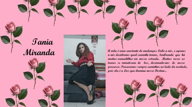 Pink rose-bordered tribute page for Tania Miranda; central photo of a woman in red top and black skirt, with Portuguese text on the right.