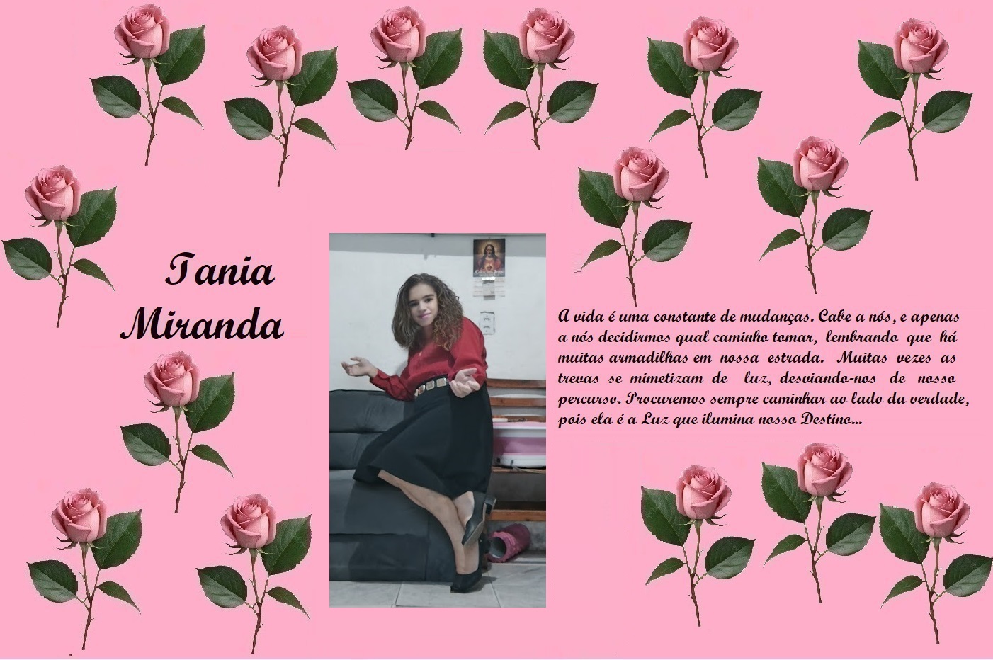 Pink rose-bordered tribute page for Tania Miranda; central photo of a woman in red top and black skirt, with Portuguese text on the right.
